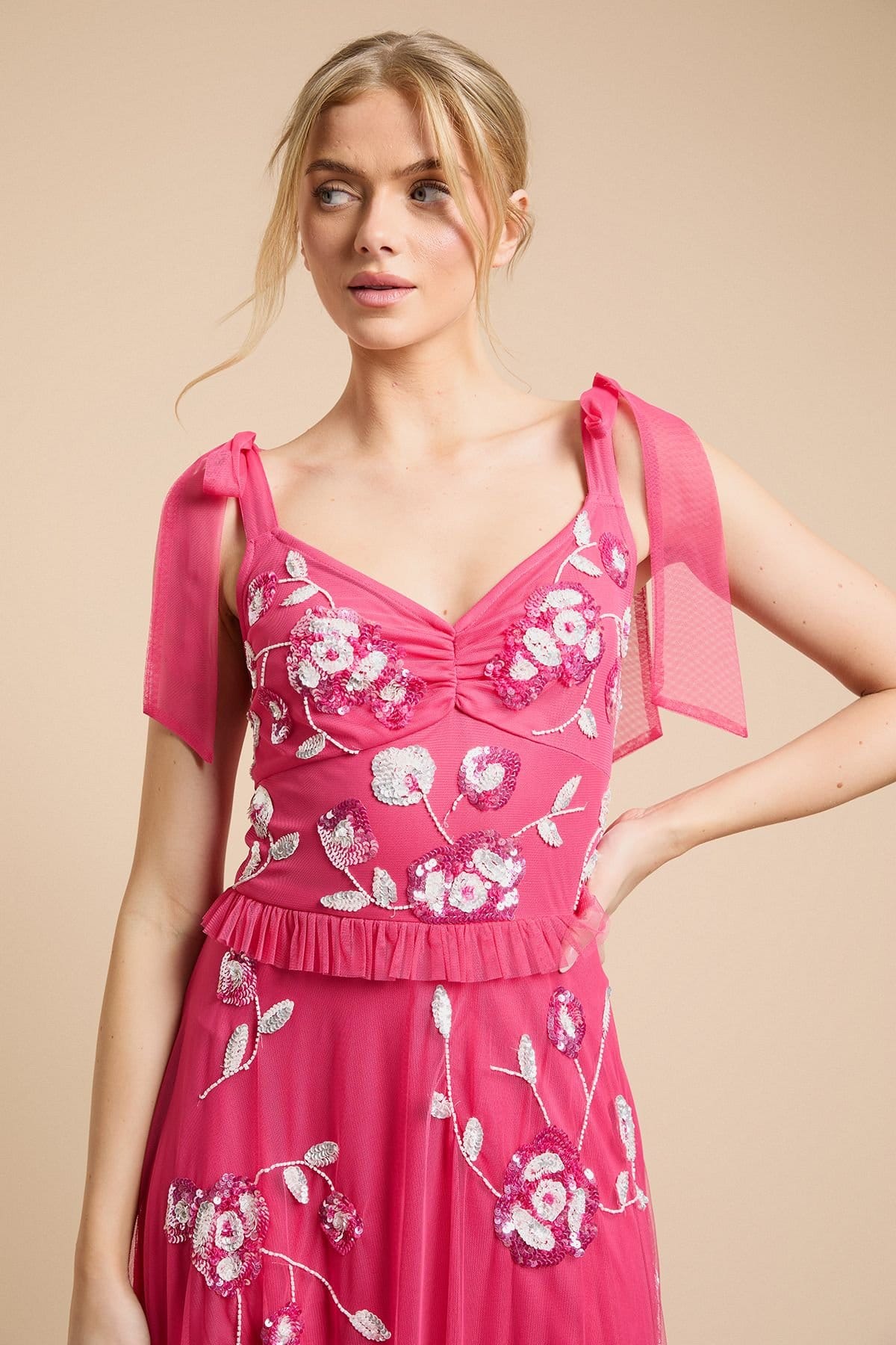 Oasis Oasis Women's Tie Shoulder Floral Embellished Midaxi Dress in Hot Pink - 4