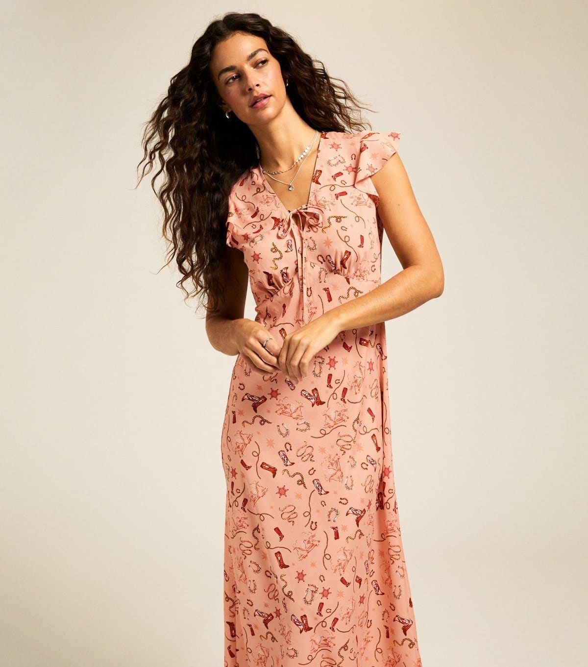 New Look Pink Cowgirl Print Flutter Sleeve Midi Dress