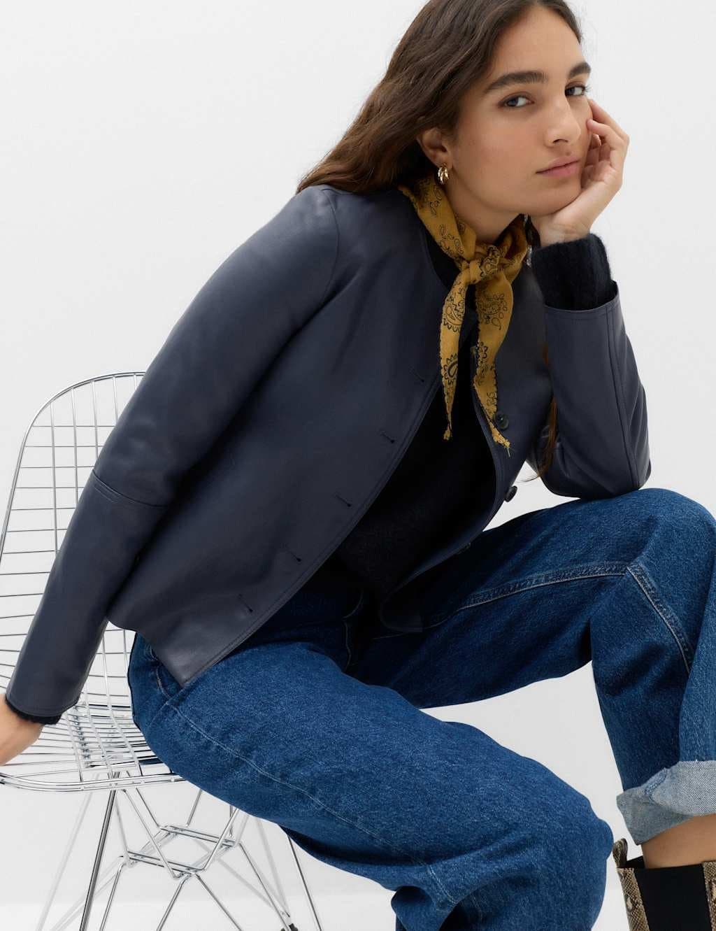 Marks & Spencer M&S Faux Leather Collarless Jacket Blue
