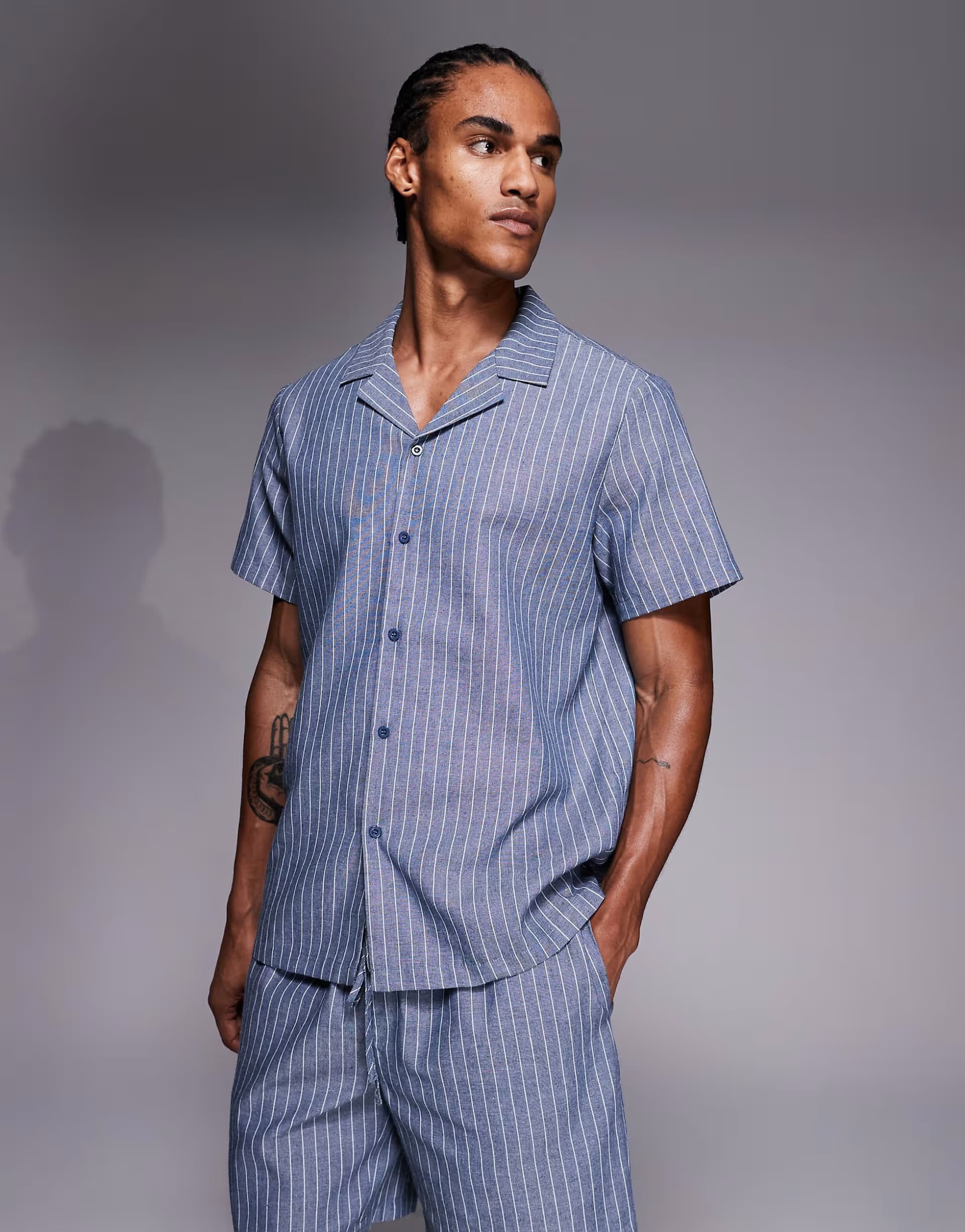 ASOS South Beach short sleeve linen shirt in faded blue stripe