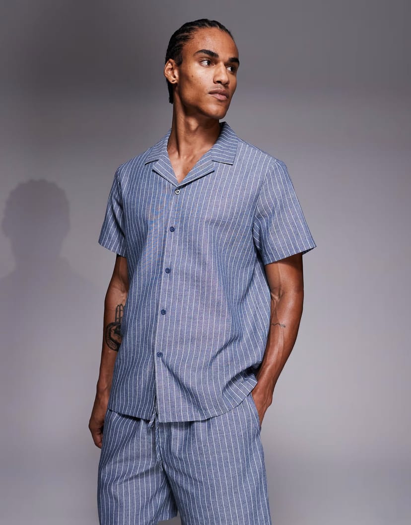 ASOS South Beach short sleeve linen shirt in faded blue stripe - 1