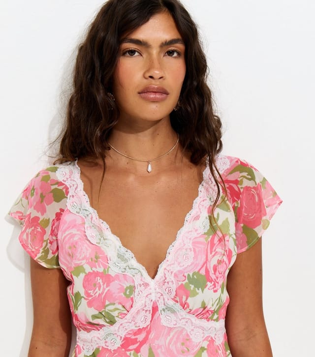New Look Women's Pink Chiffon Rose Print Lace Trim Mini Dress New Look - 2