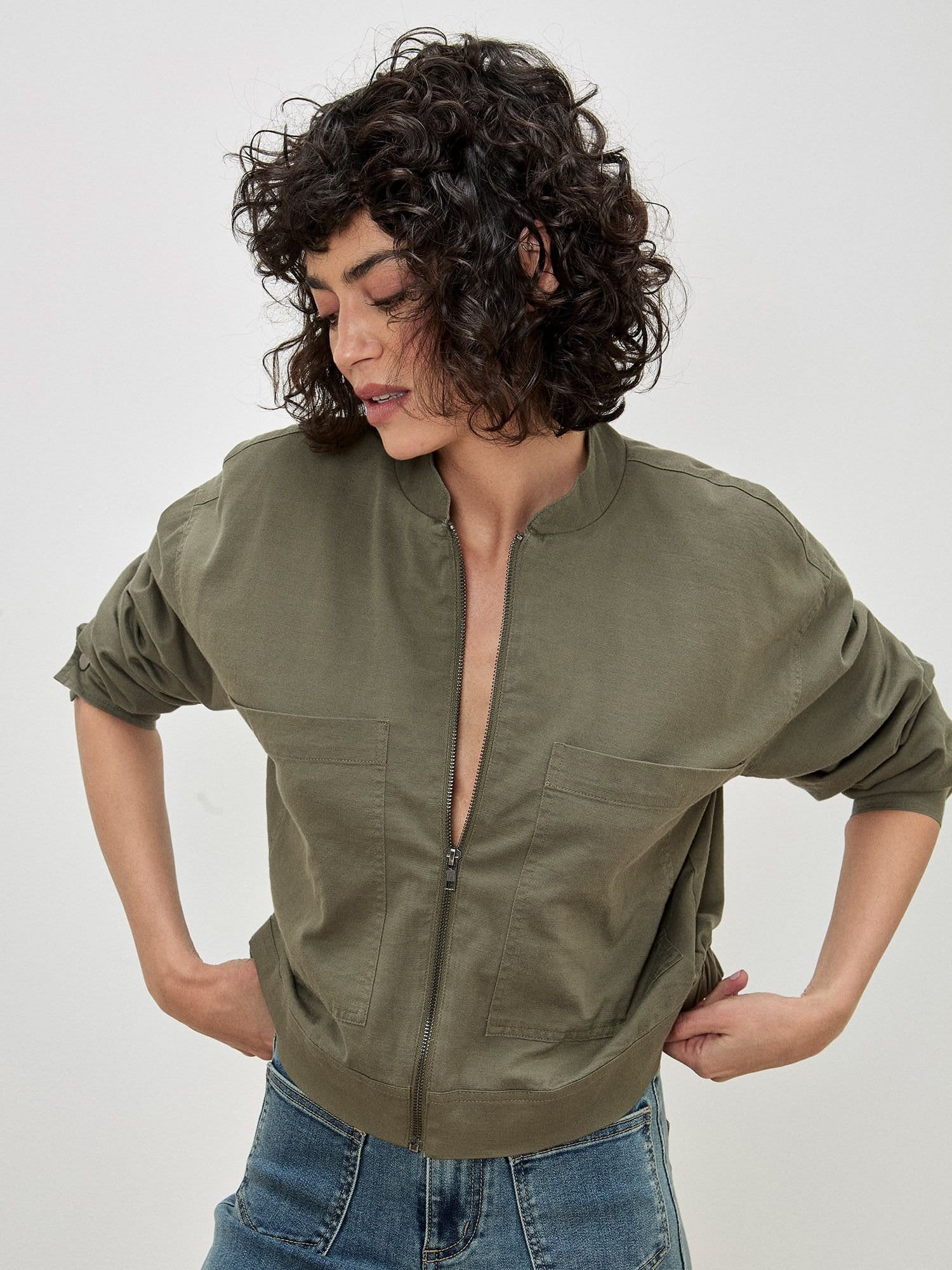 Apricot Apricot Women's Lightweight Denim Bomber Jacket in Khaki - 4