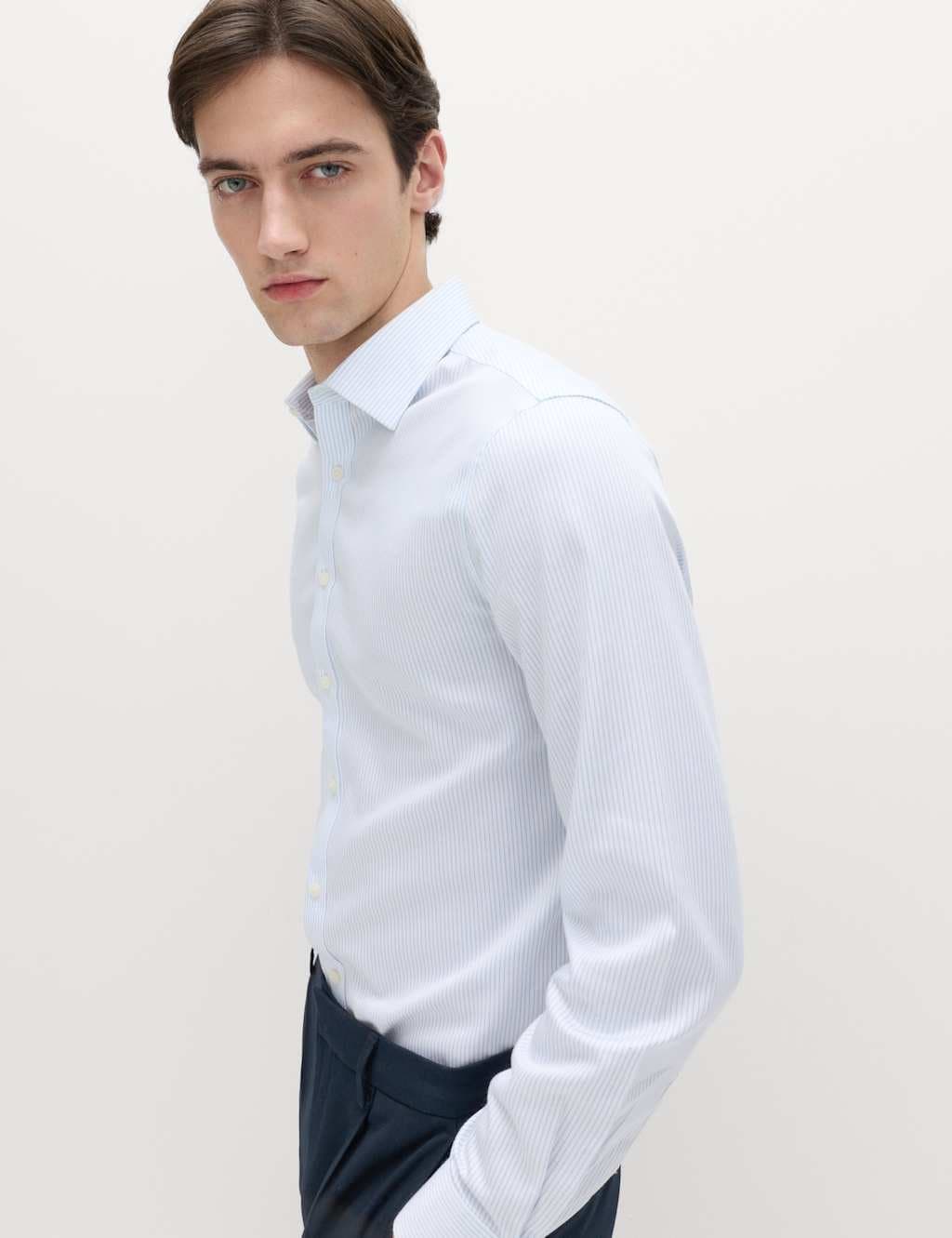 Marks & Spencer M&S Slim Fit Ultimate Non Iron Cotton Striped Shirt Light Blue