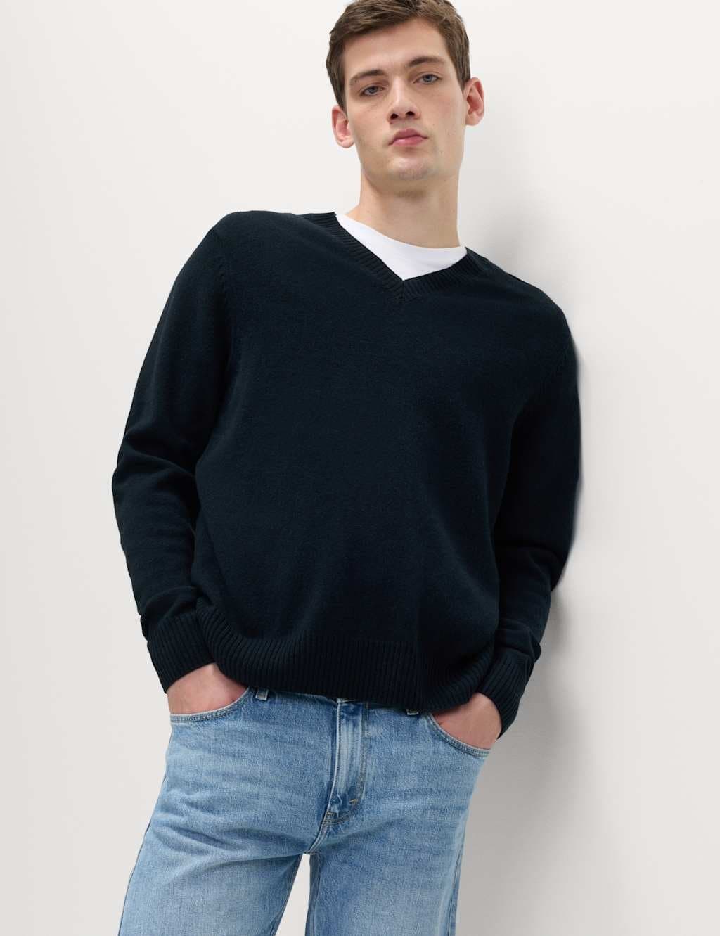 Marks & Spencer M&S Pure Lambswool V-Neck Jumper Dark Navy