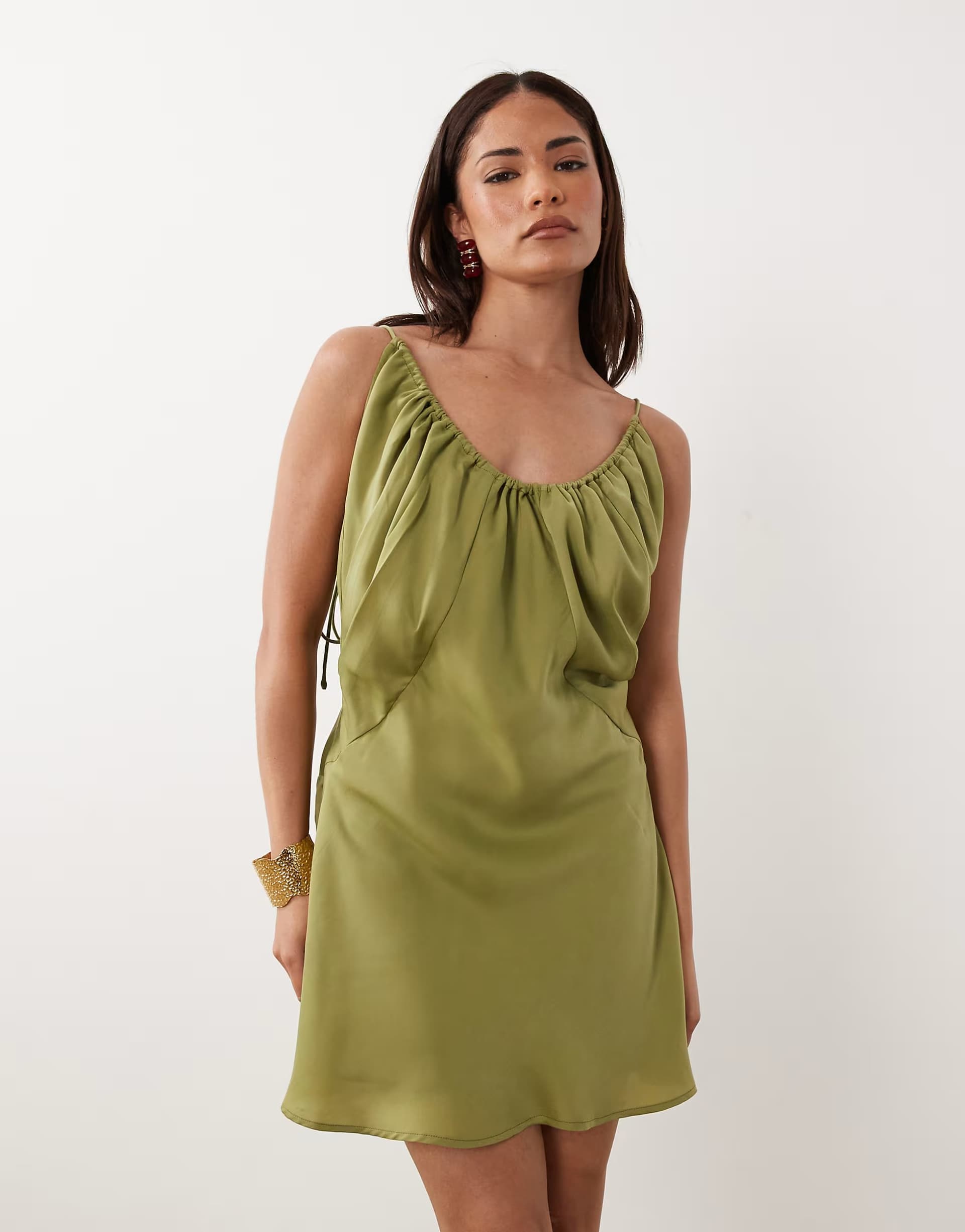 ASOS ASOS DESIGN Petite bias cut scoop neck low back satin mini dress in olive green