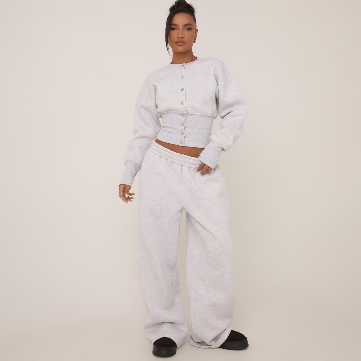 EGO Mid Rise Elasticated Waist Wide Leg Joggers In Grey Marl, Women's Size UK 6 - 1