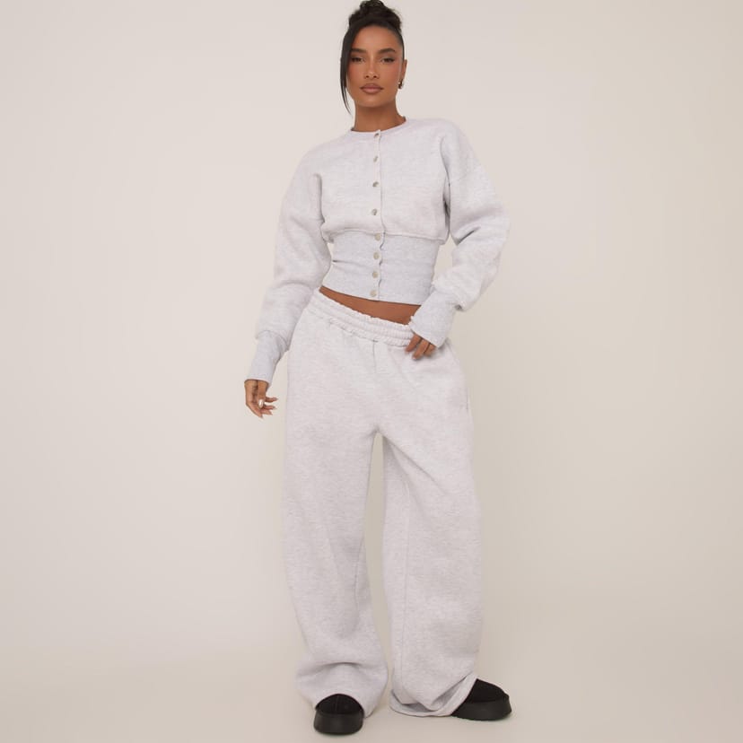 EGO Mid Rise Elasticated Waist Wide Leg Joggers In Grey Marl, Women's Size UK 6 - 1