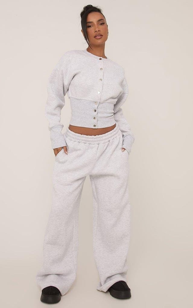 EGO Mid Rise Elasticated Waist Wide Leg Joggers In Grey Marl, Women's Size UK 6 - 2