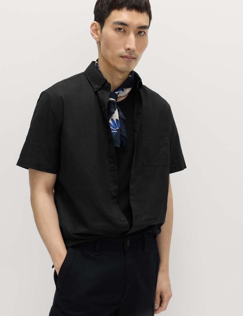 Marks & Spencer M&S Regular Fit Linen Rich Short Sleeve Shirt Black