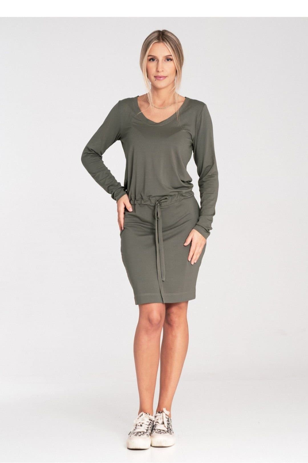 Love Lace Love Lace Women's Long Sleeve Half Round Neck Day Dress Tie Waist in Green