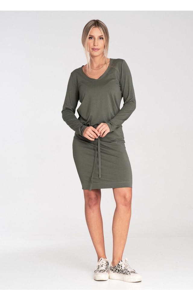 Love Lace Love Lace Women's Long Sleeve Half Round Neck Day Dress Tie Waist in Green - 2