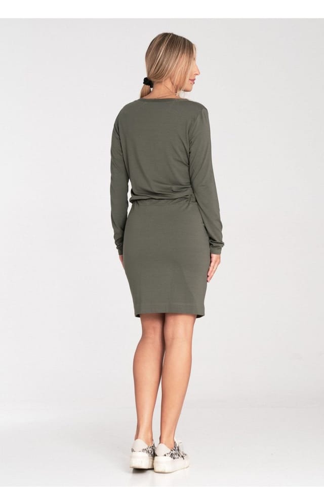 Love Lace Love Lace Women's Long Sleeve Half Round Neck Day Dress Tie Waist in Green - 3