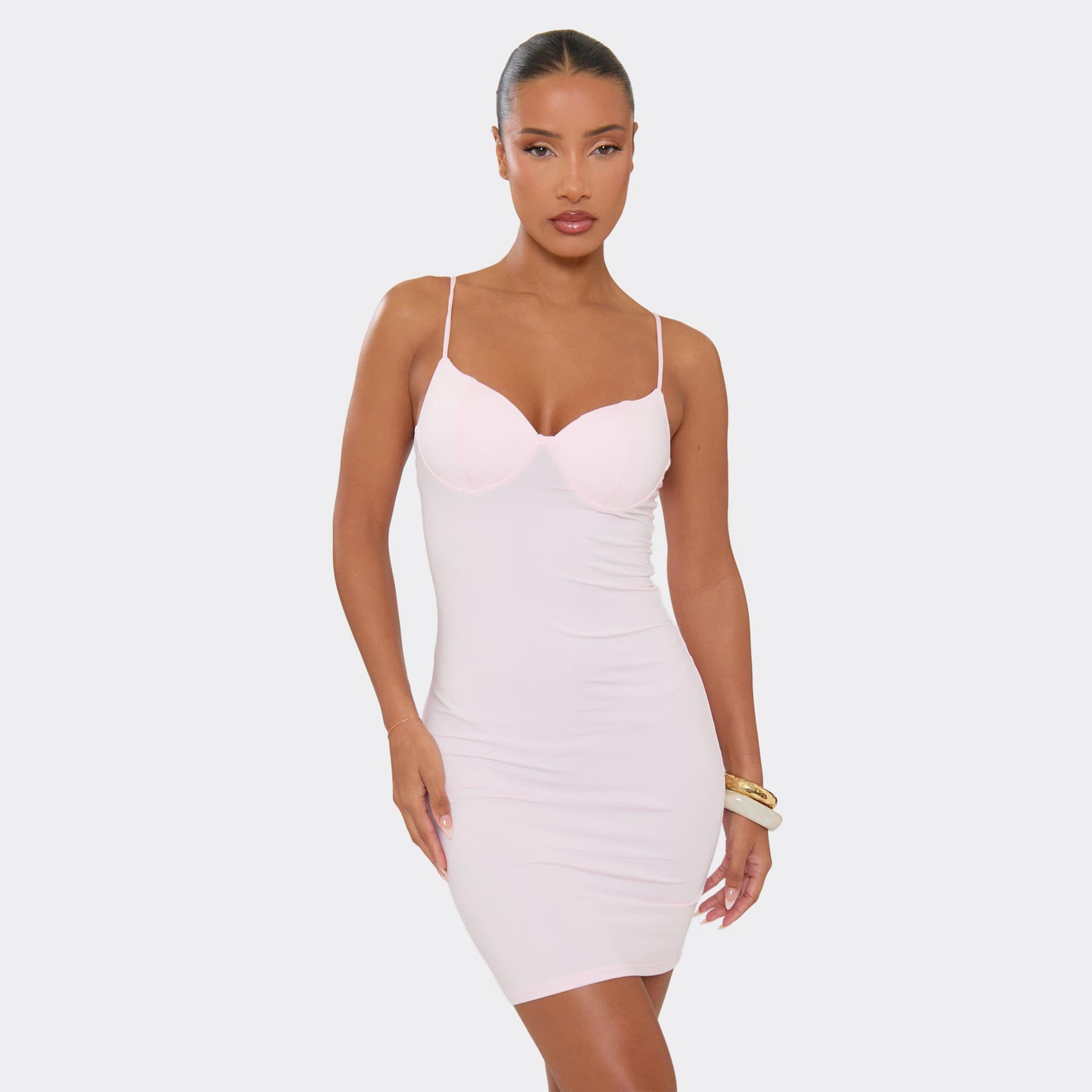 EGO Strappy Cup Detail Bodycon Mini Dress In Baby Pink, Women's Size UK M/L