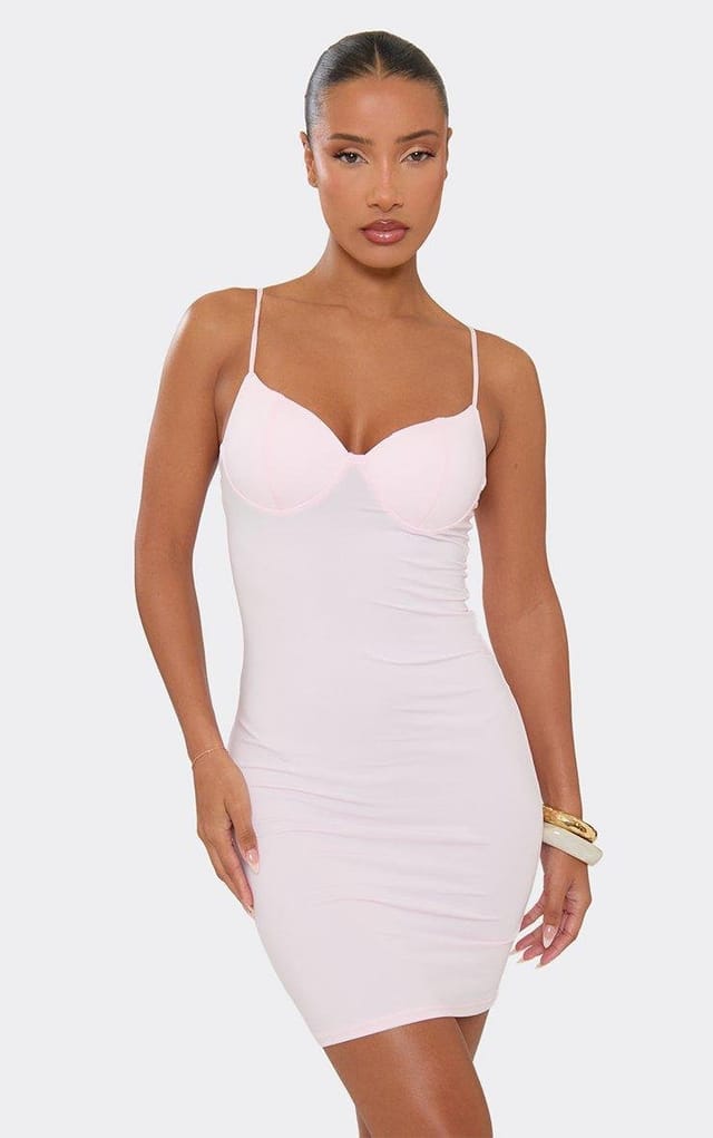 EGO Strappy Cup Detail Bodycon Mini Dress In Baby Pink, Women's Size UK M/L - 2