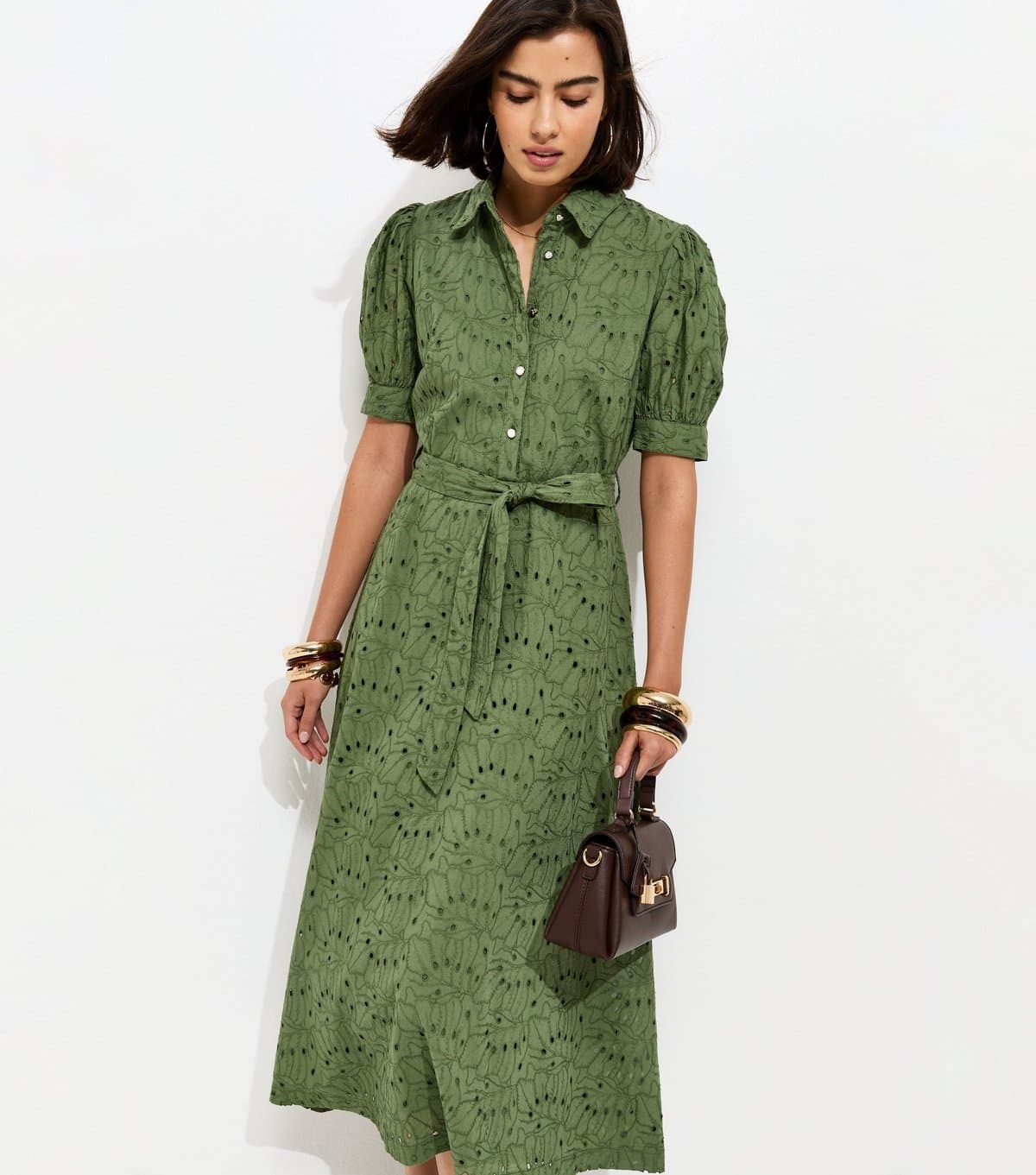 New Look Women's Khaki Broderie Shirt Midi Dress New Look