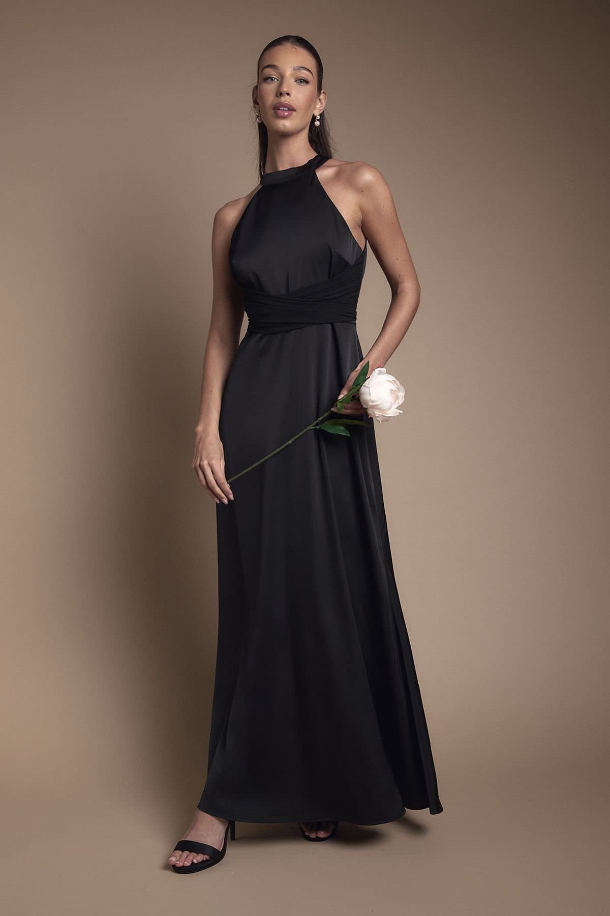 Coast Coast Women's Wrap Waist Detail Satin Halter Neck Bridesmaid Dress in Black