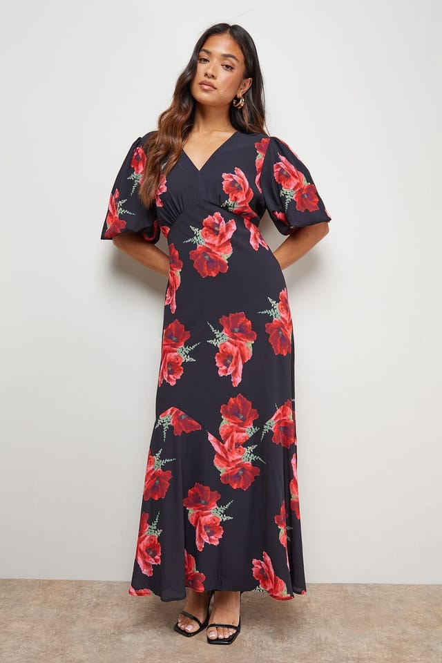 Oasis Oasis Women's Petite Printed Chiffon Puff Sleeve Fishtail Midaxi Dress in Black - 2