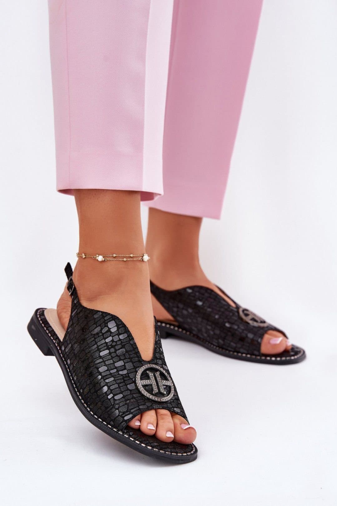 Love Lace Love Lace Women's Natural Suede Flat Buckle Sandals with Cushioned Insole in Black