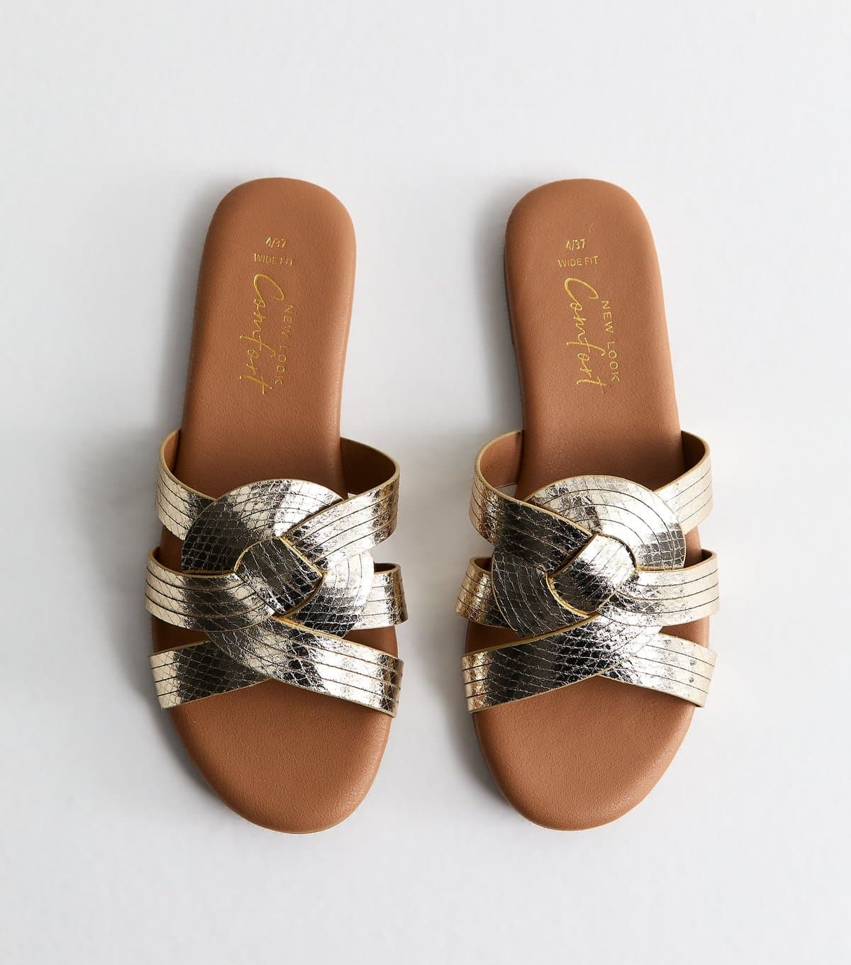 New Look Women's Wide Fit Gold Interwoven Strap Flat Mules Vegan New Look