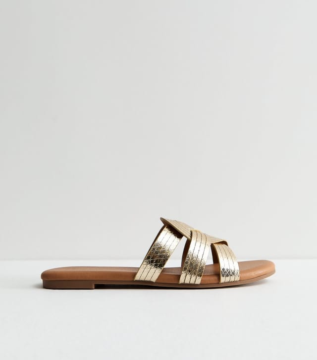 New Look Women's Wide Fit Gold Interwoven Strap Flat Mules Vegan New Look - 3