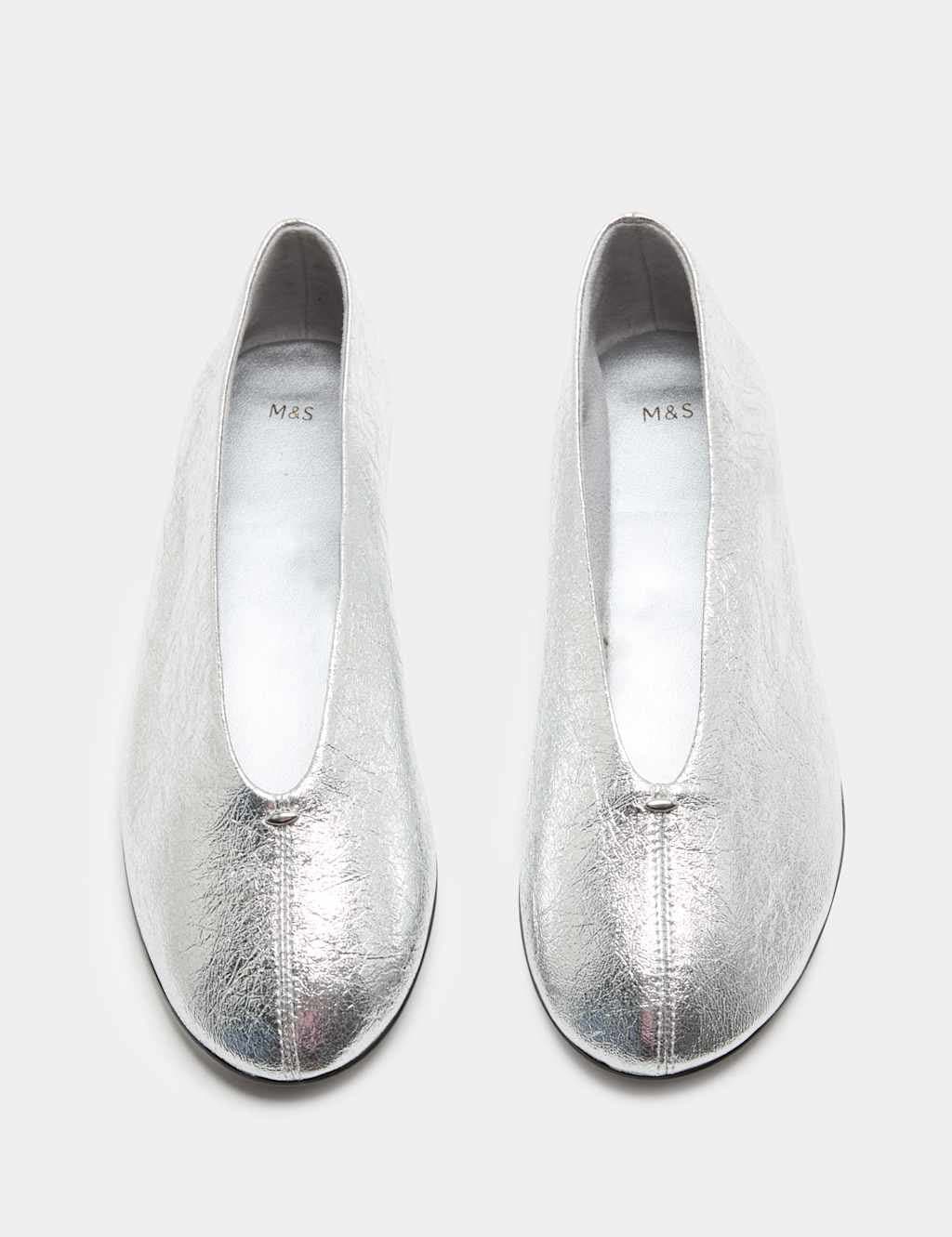 Marks & Spencer M&S Leather Metallic Round Toe Ballet Pumps Silver