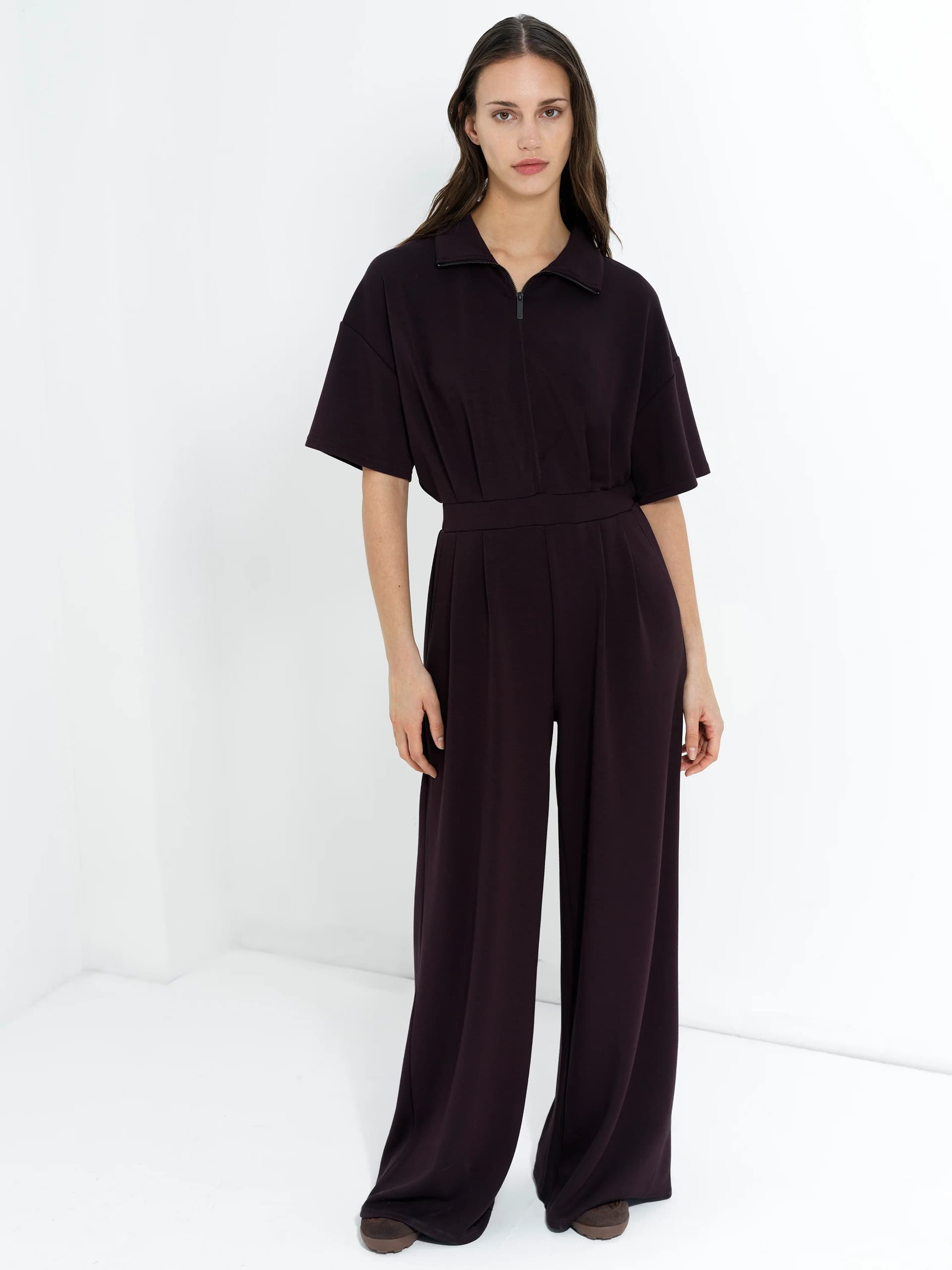 French Connection Wren Brown Half Zip Wide Leg Jumpsuit Mocha Brown