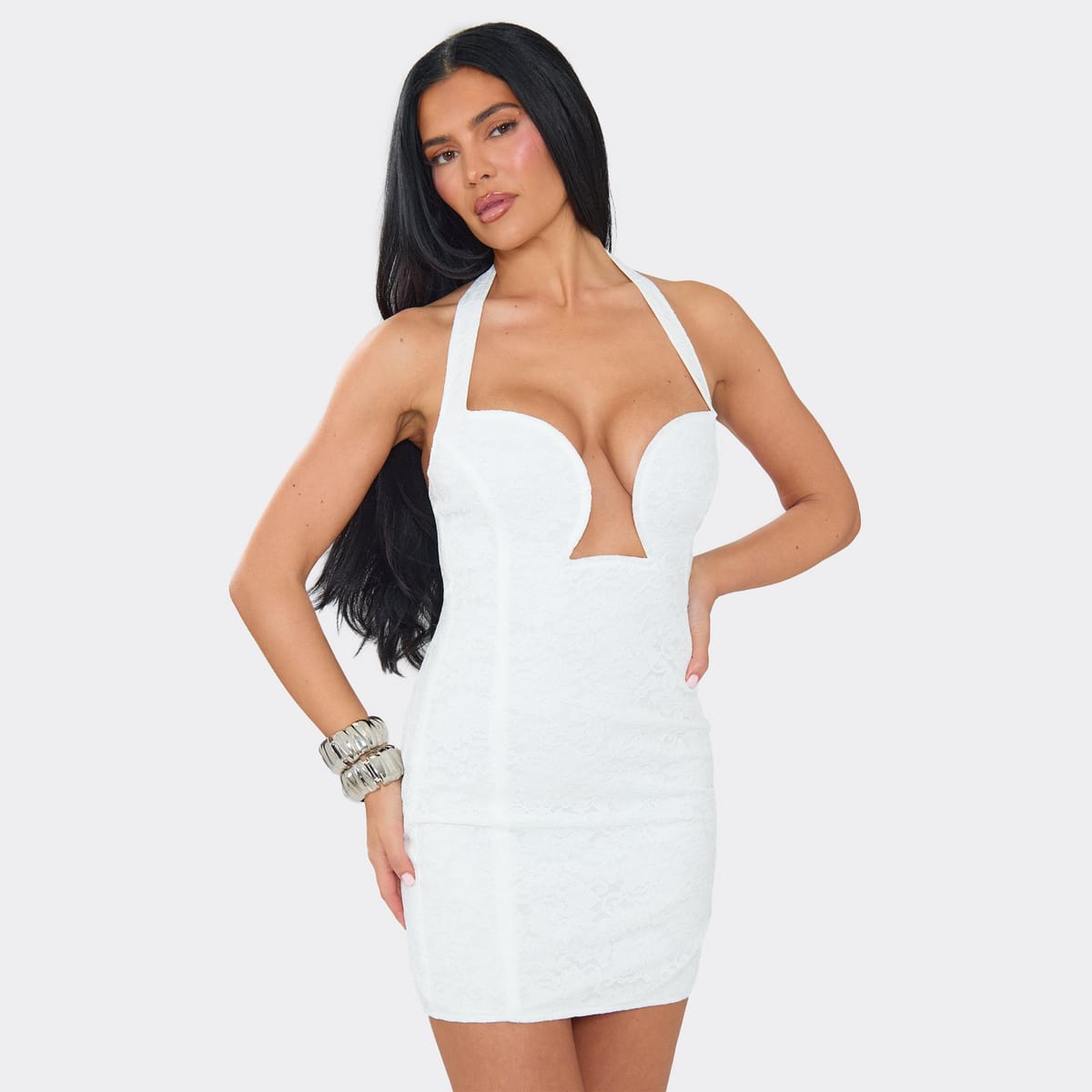 EGO Halterneck Plunge Front Mini Dress In White Lace, Women's Size UK 6 - 1
