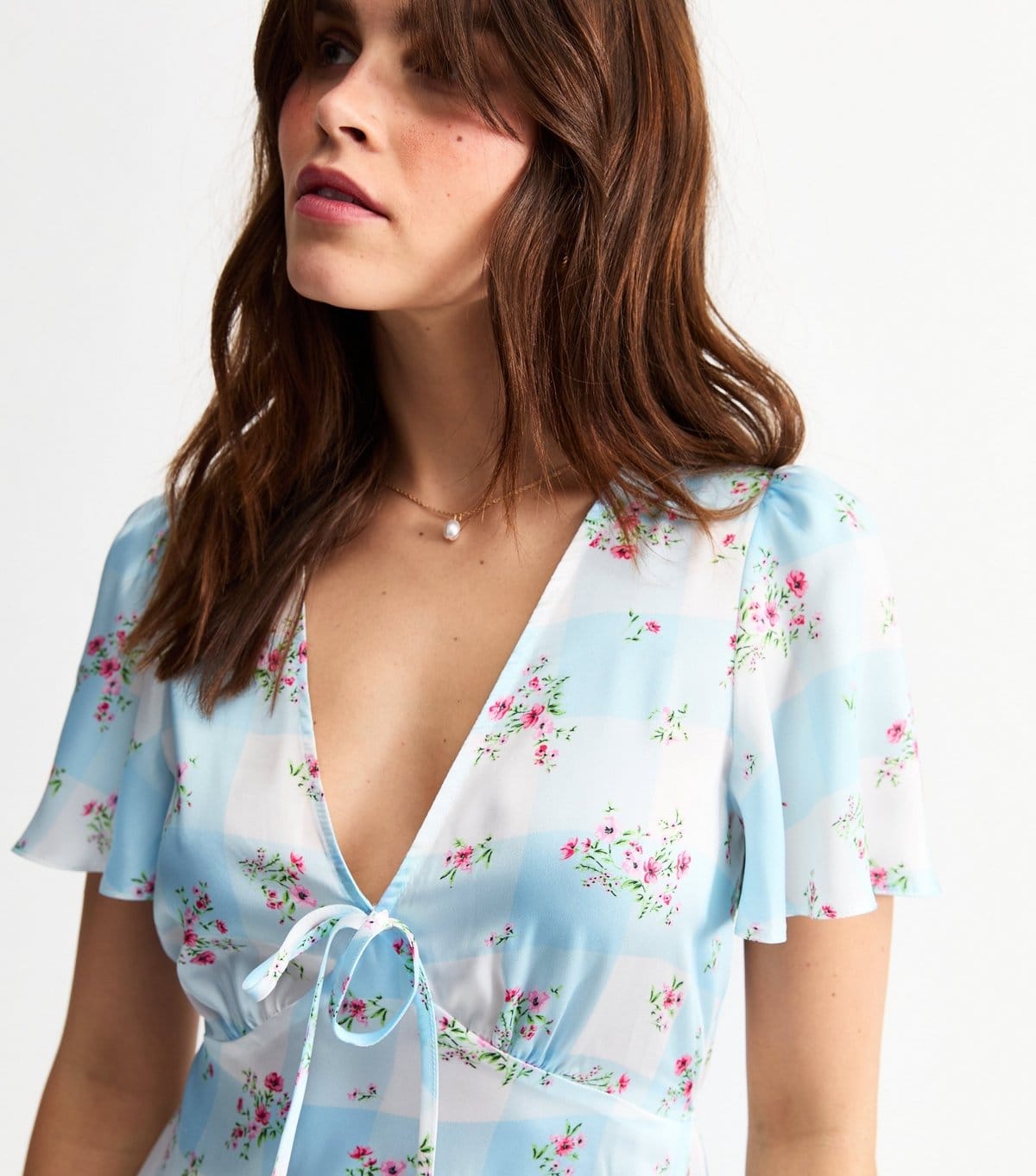 New Look Blue Floral Gingham Satin Mini Dress