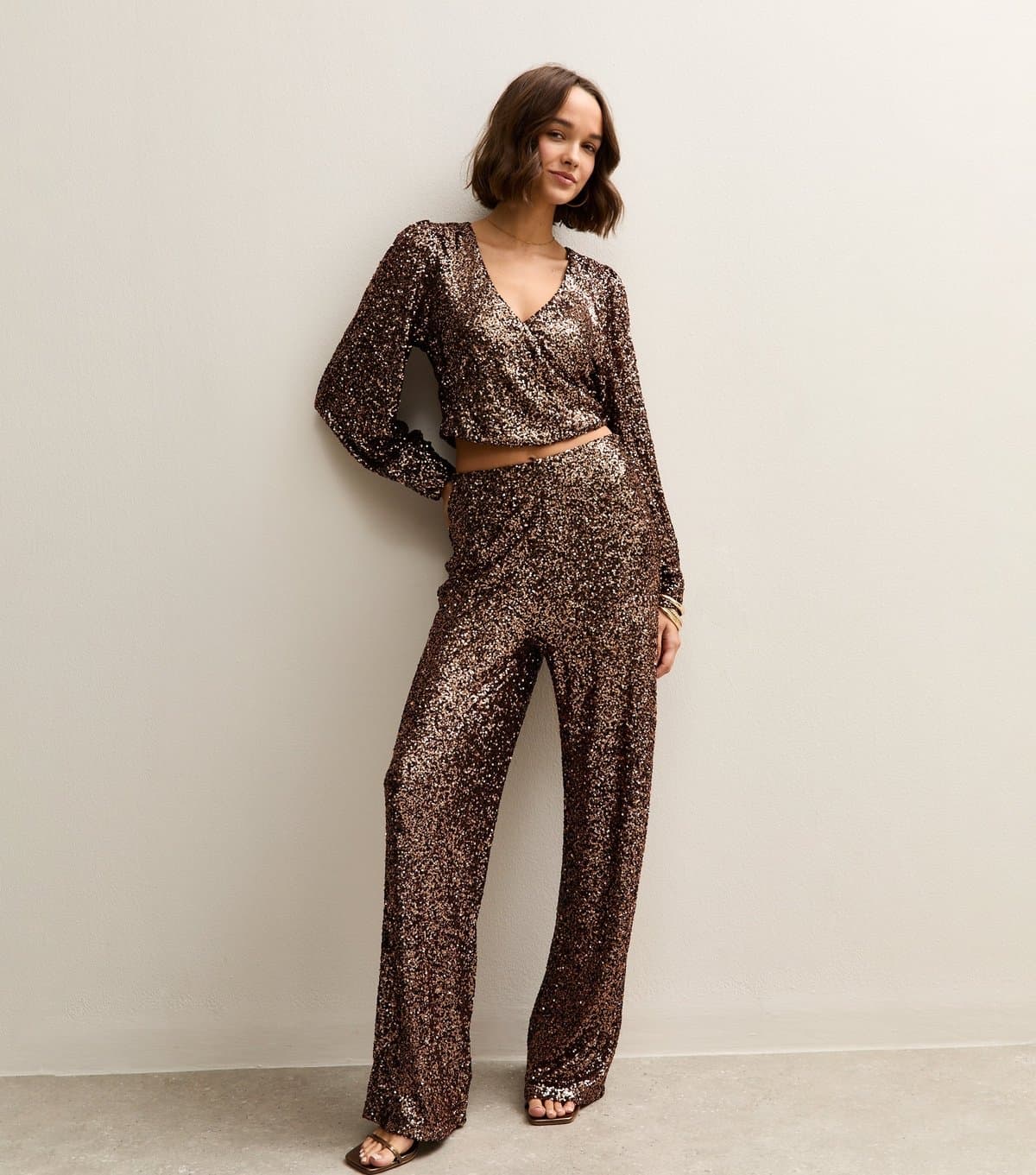 New Look Women's Mid Brown Sequin Wide Leg Trousers New Look