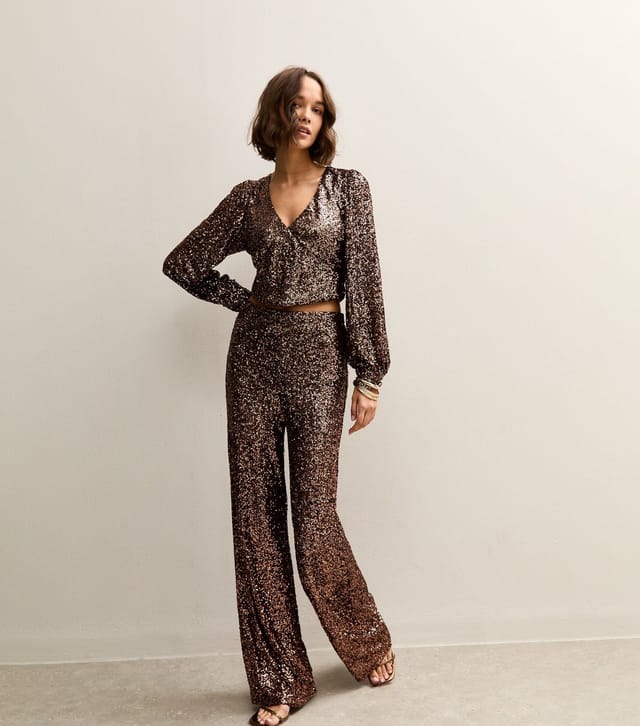 New Look Women's Mid Brown Sequin Wide Leg Trousers New Look - 2