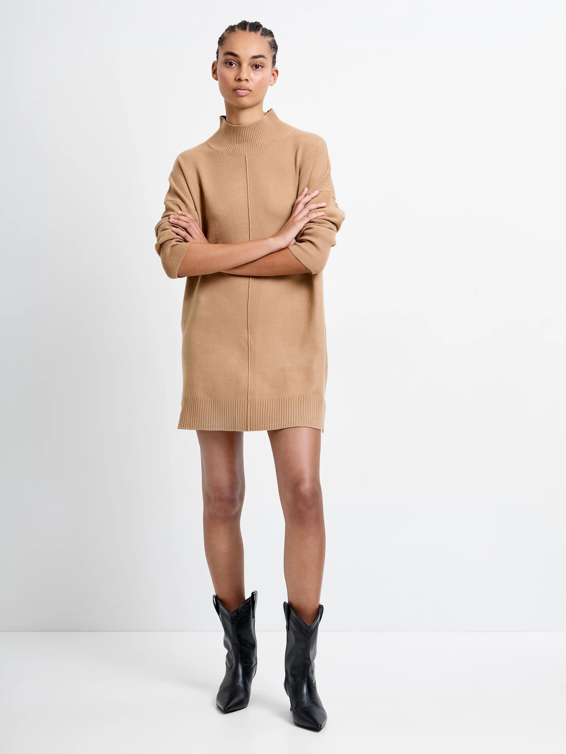French Connection Camel Tan Brown Roll Neck Seam Dress