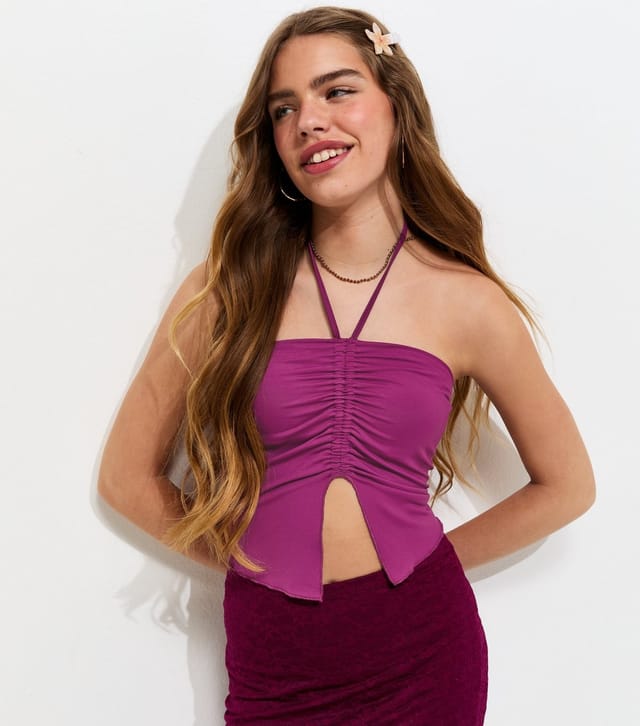 New Look Girls' Dark Purple Gathered Butterfly Hem Halter Top New Look - 2