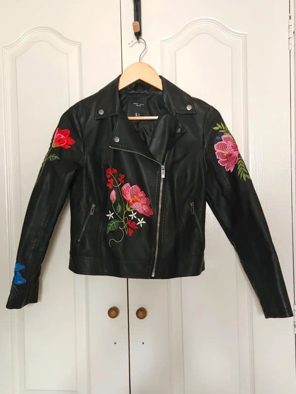 New Look New Look Petite Floral Embroidered Leather Jacket Size 8 Petite