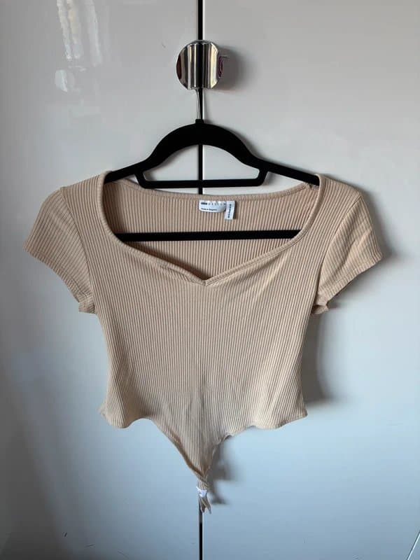 ASOS ASOS cream short sleeved ribbed thong bodysuit size 12