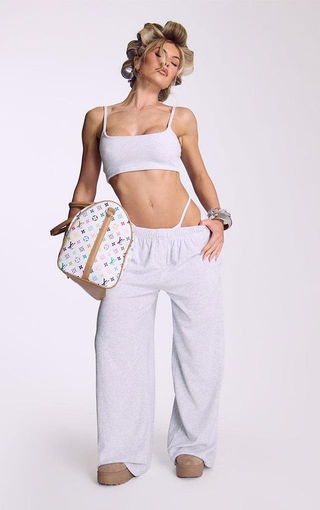 EGO Low Rise Button Front Wide Leg Joggers In Grey Towelling Fabric, Women's Size UK 6 - 2