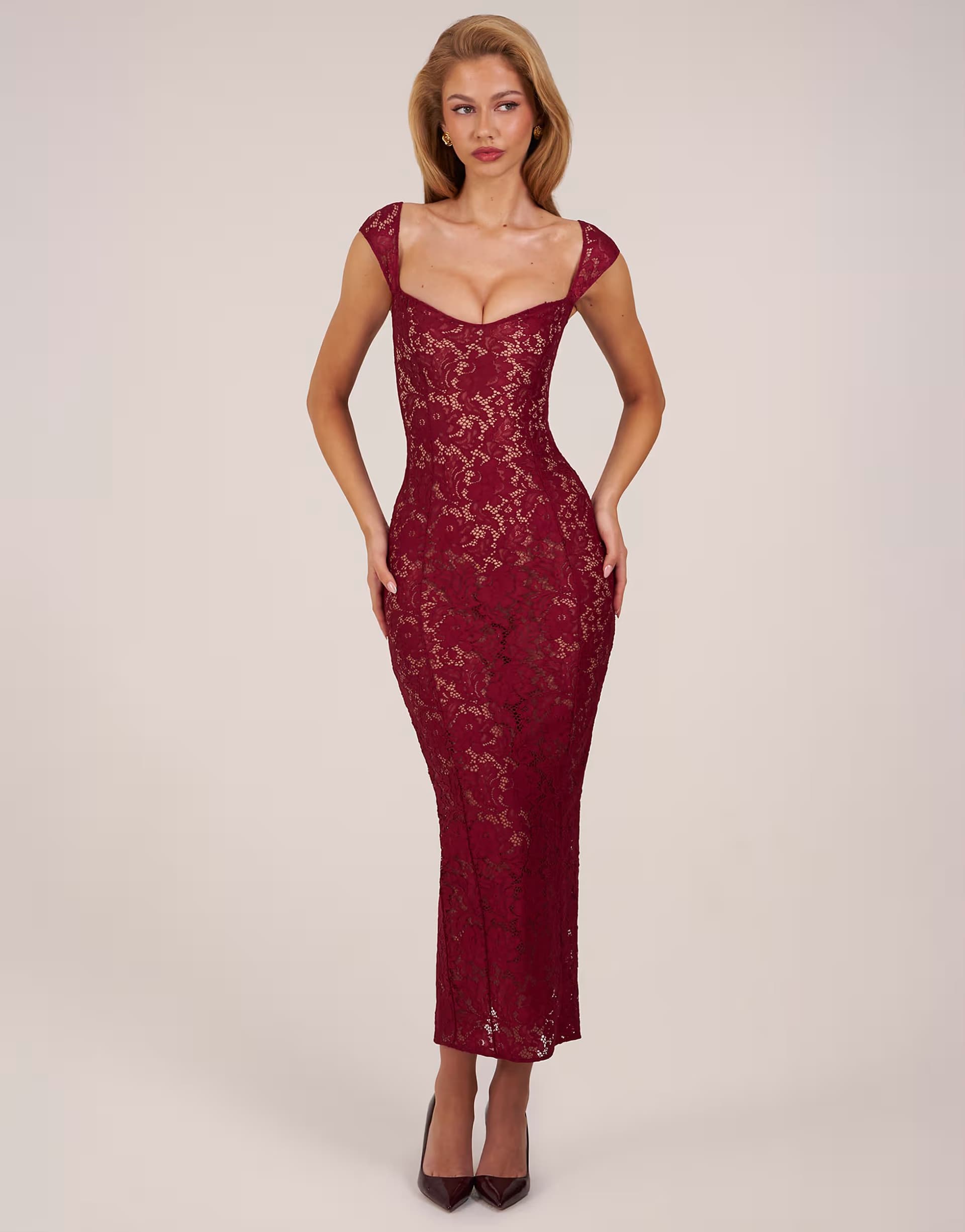 ASOS Oh Polly lace sweetheart neck cap sleeve mesh maxi dress in cherry red