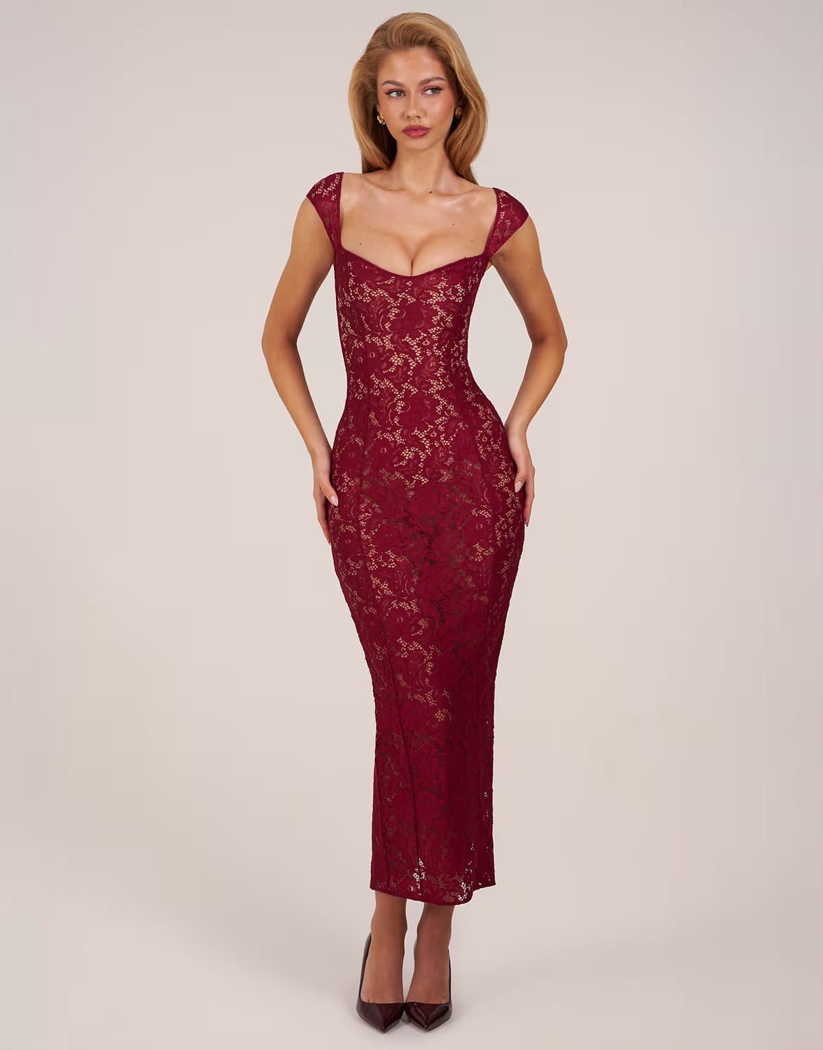 ASOS Oh Polly lace sweetheart neck cap sleeve mesh maxi dress in cherry red - 1
