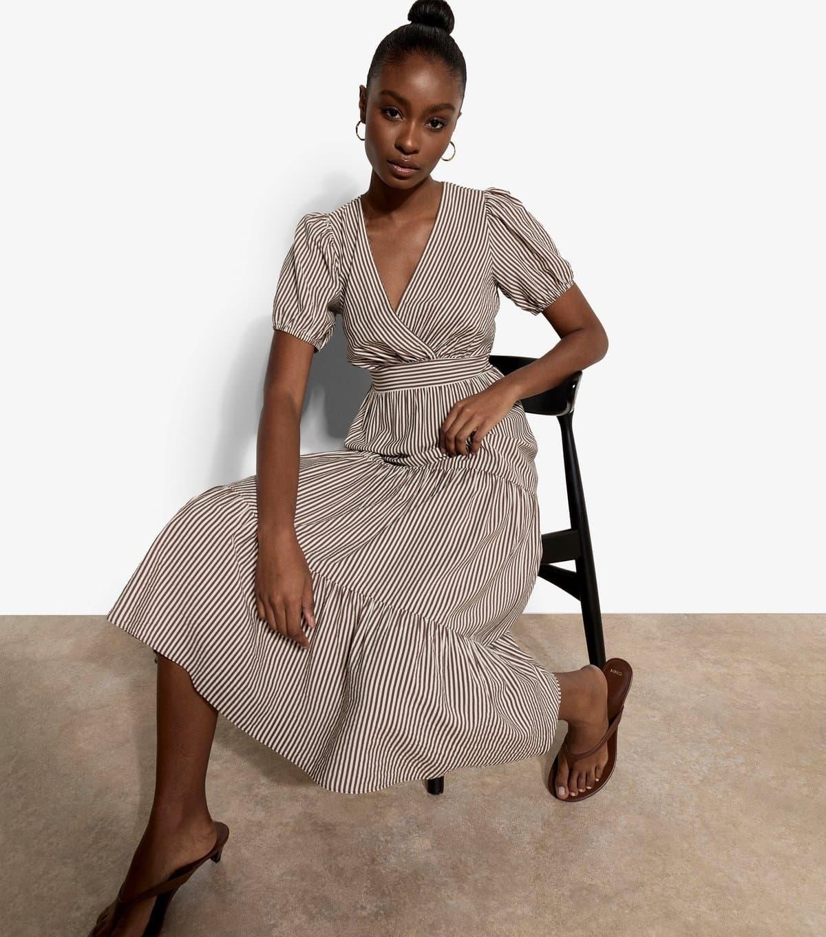 Apricot Women's Brown Multi Stripe Tiered Midi Dress Apricot New Look