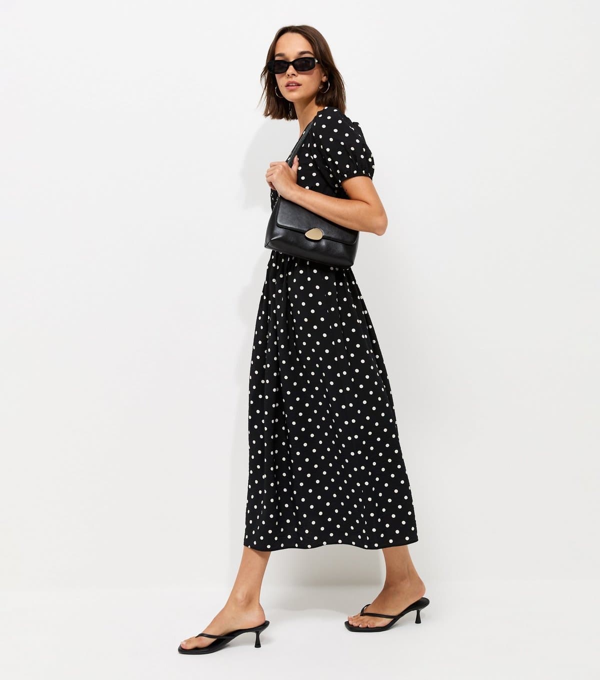 New Look Women's Black Spot Print Ruched Waist V-Neck Midi Dress New Look