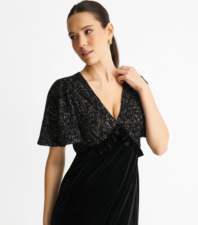 Gini London Women's Black Sequin Top Velvet Midi Dress Gini London New Look - 2