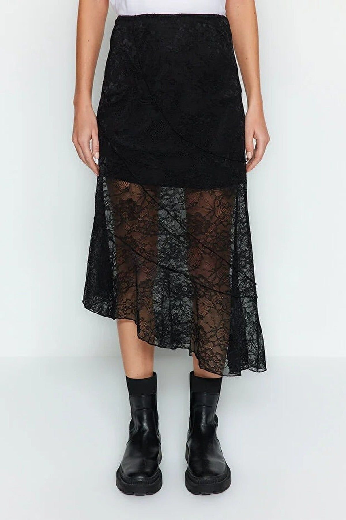 WOVCOR WOVCOR Women's Asymmetric Midi Lace Knit Skirt with Lined Design & Fluid Hem in Black - 2
