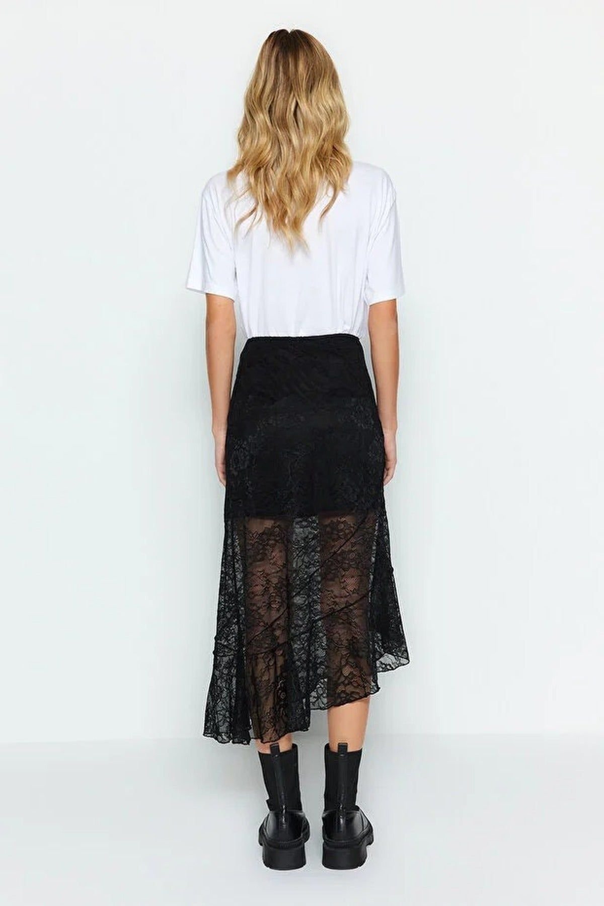 WOVCOR WOVCOR Women's Asymmetric Midi Lace Knit Skirt with Lined Design & Fluid Hem in Black - 3