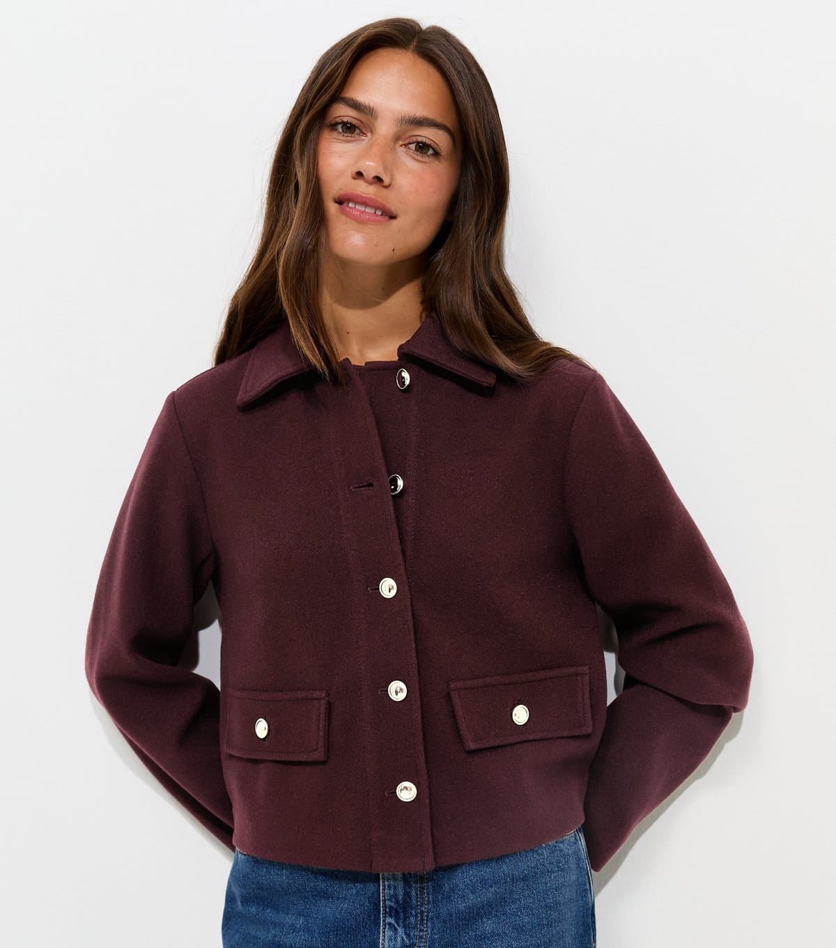 New Look Women's Petite Dark Burgundy Henley Button Shacket New Look