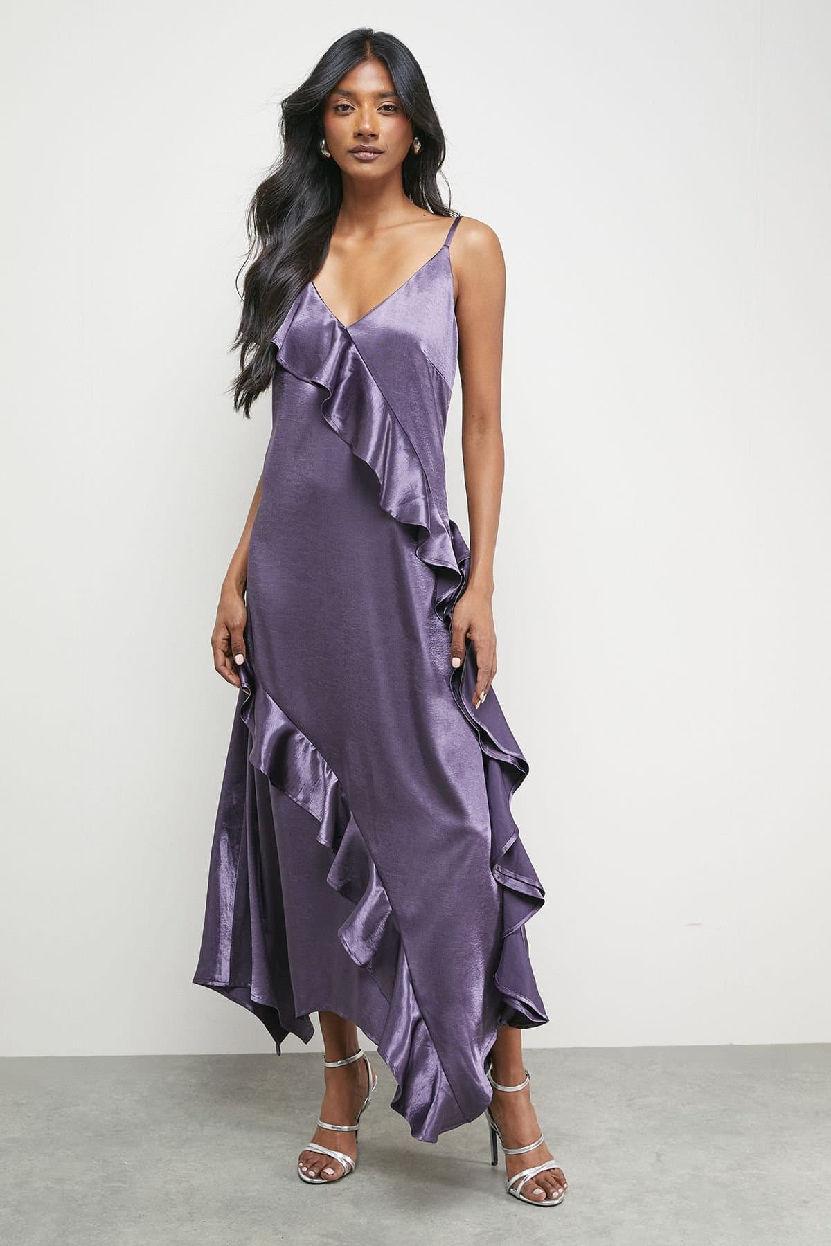 Warehouse Warehouse Women's (S) Metallic Satin Ruffle High Apex Midi Slip Dress in Mauve