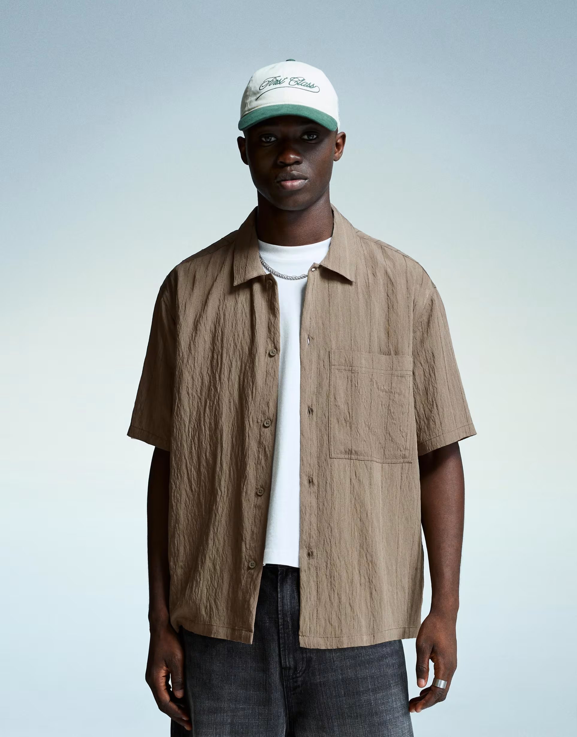 ASOS Bershka Textured striped short sleeve shirt in brown - 1