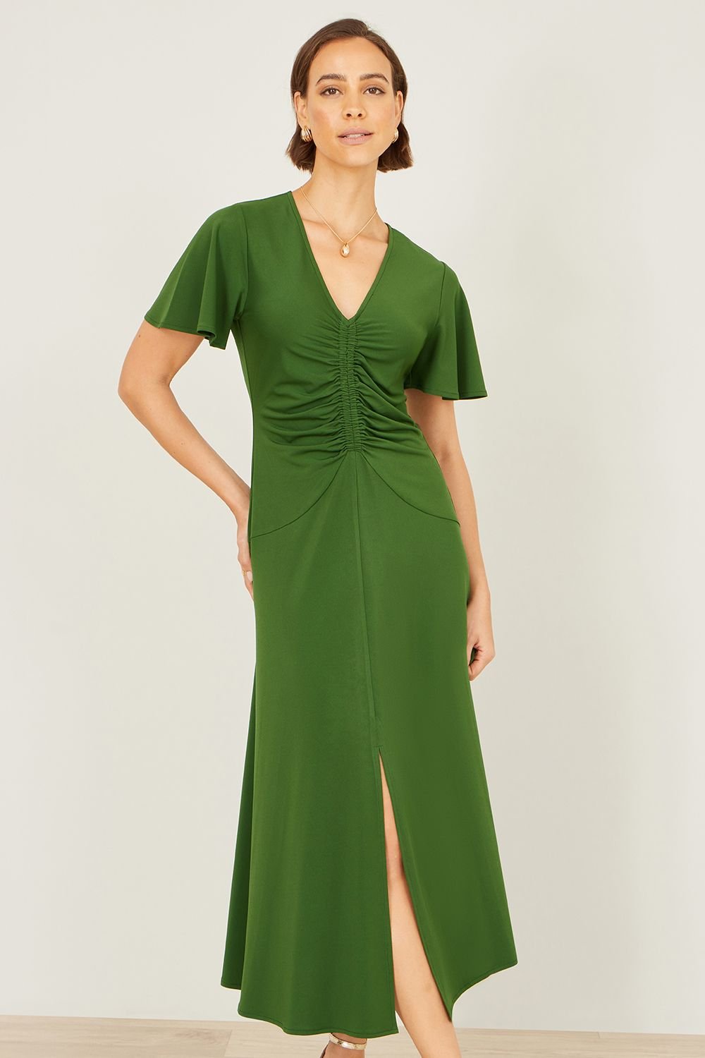 Yumi Yumi Women's Green Ruched Front Stretch Midi Dress - 2