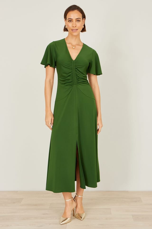 Yumi Yumi Women's Green Ruched Front Stretch Midi Dress - 3
