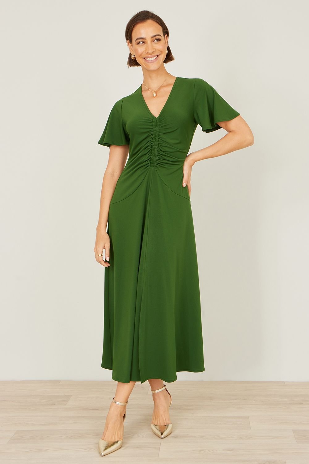 Yumi Yumi Women's Green Ruched Front Stretch Midi Dress - 4