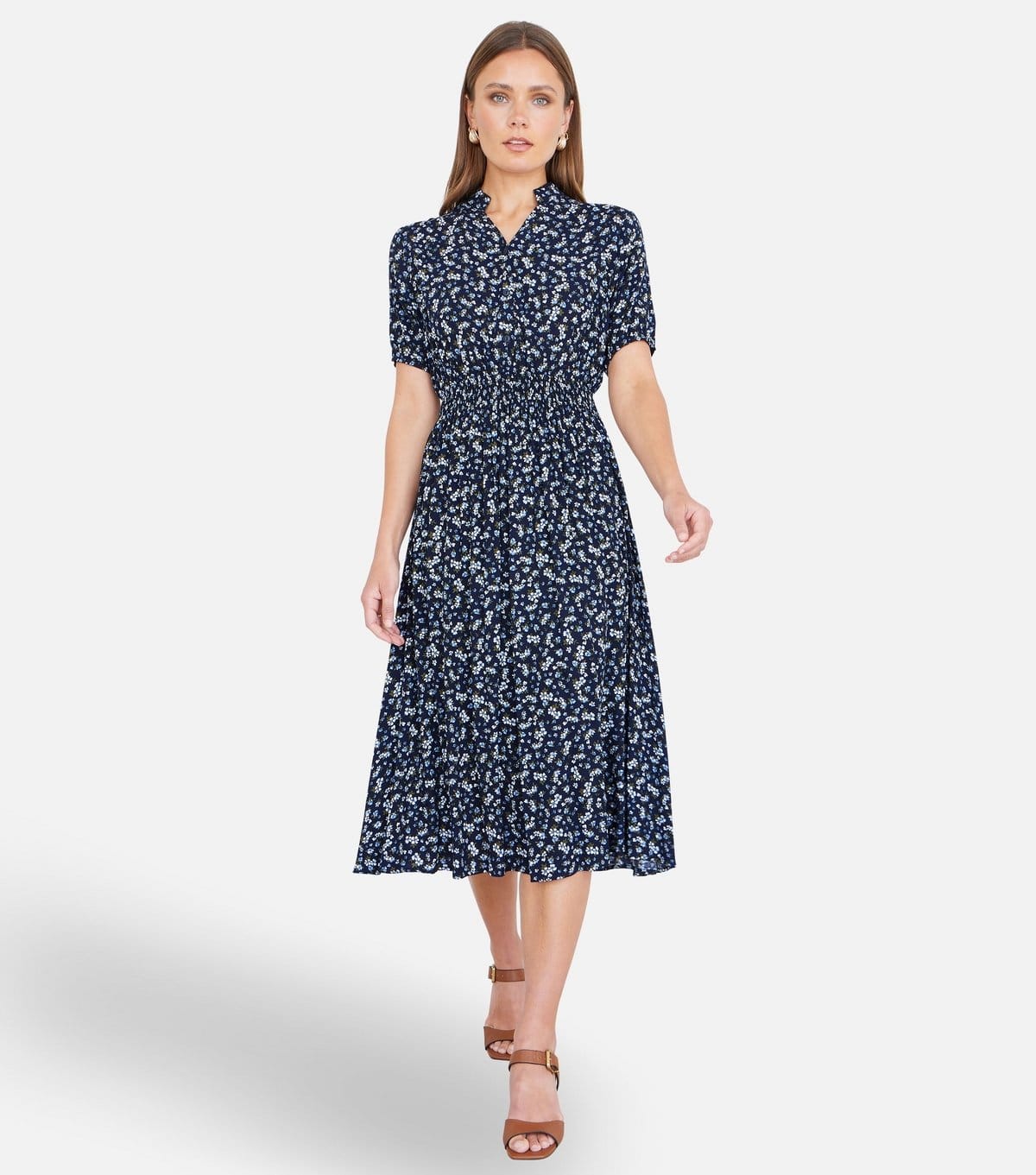 Yumi Navy Ditsy Floral Print Midi Shirt Dress